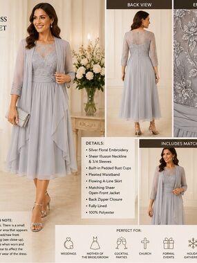 2-Piece Silver Gray Embroidered Formal Dress & Sheer Jacket Set Size 10 NWT